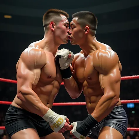 Asian young male pro wrestler A vs Asian male heel wrestler B in a ring fight。A is muscular with a buzz cut and wears short tights、Has a distressed expression、Body is drenched in sweat。B is a heel wrestler and muscular、Sweaty body、buzz cutでショートタイツ、Wear a m...