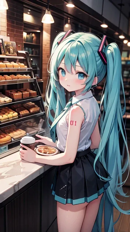 Highest quality，high resolution，Hatsune Miku，Coffee shop，thinking，coffee，cake