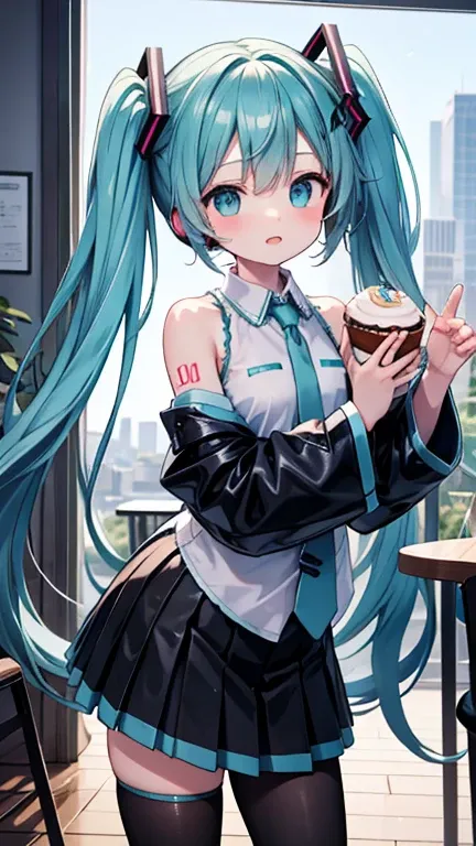 highest quality，high resolution，hatsune miku，coffee shop，thinking，coffee，cake