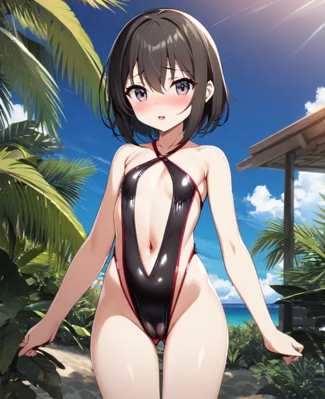 １girl,, Young, Swimsuit, V-shaped swimsuit, Swimsuit with very little fabric, Obscene swimsuit, Obscene design, Lots of skin exposure, Exposing navel, No underwear except for ultra-thin V-front micro plunge, ((Only ultra-thin V-front micro plunge)), ((Only...