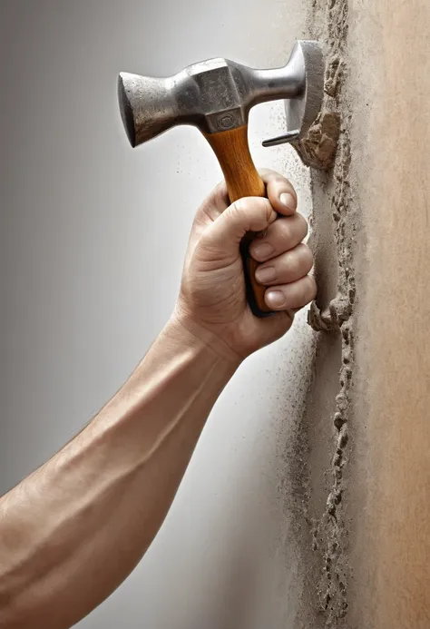 photorealistic image of a{hand swinging a hammer on a nail, intricate detailed, skin pores} mounting wall, high res, best qualit...