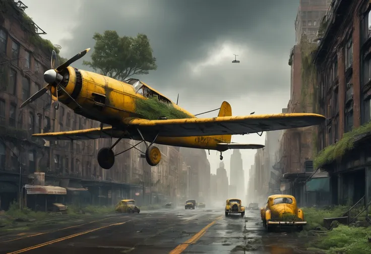 * rusty yellow biplane covered in moss and showing signs of decayRuined cities under dark skies, crumbling skyscrapers looming over deserted streets, remnants of lost things, natural regeneration in apocalyptic wastelands, faces of once vibrant cities, dar...