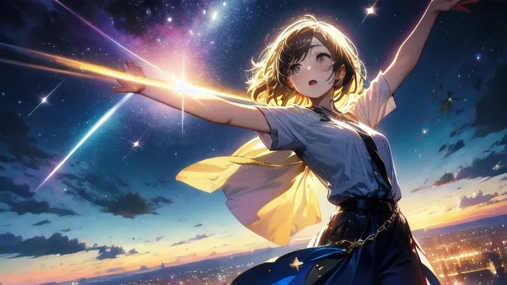 Absurd, High resolution, (Official Art, beautifully、aesthetic:1.2), close, One person raising their arm from below, Bright Sky, A vast world, stare, Awe-inspiring expressions, Distant Horizon, cloud, High Hill, Natural Beauty, Inspiration, Night Sky, Shini...