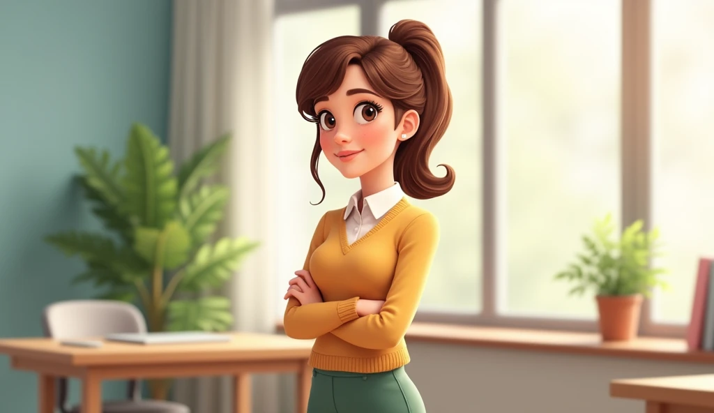 Generates an animated character that has the appearance of an adult woman with a simple and professional style. Her hair is brown and she wears it in a medium cut., usually gathered into a ponytail or similar style. He has a kind face with an expression th...