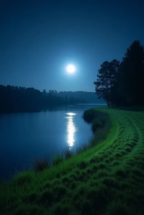 The grass on the right and the lake on the left have the reflection of the moon