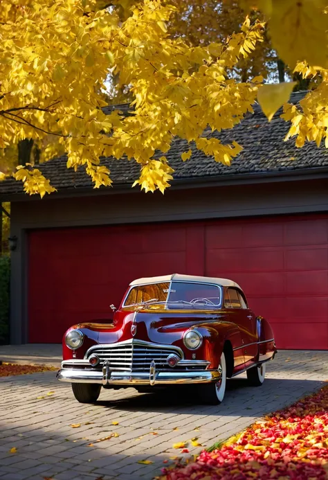 Tucker Torpedo 1948, The color of the car is crimson red metallic, in front of the garage of a luxury house, the autumn poplar leaves look beautiful and yellow, the background is blurred, the shadows are deep, super realistic, professional camera, professi...