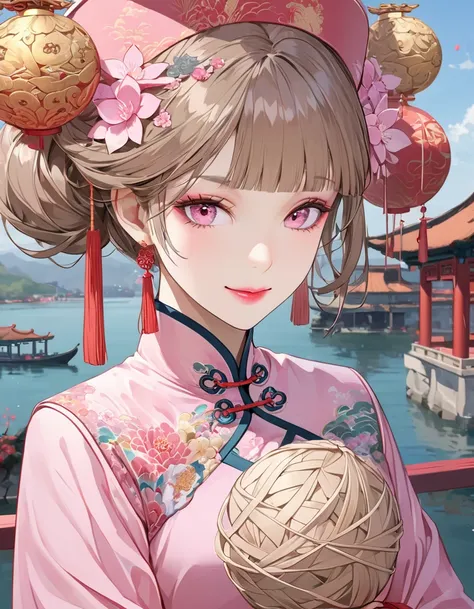 Masterpiece, Best Quality, Waterfront, Banquet, 1 Woman, Mature Woman, Elegant, Chinese Style, Ancient China, Sister, Royal Sister, Happy, Meatball Head, Light Brown Hair, Pink Eyes, Gorgeous Headwear, Light Pink Lips, Pink Clothes, Yarn like Clothing, Int...