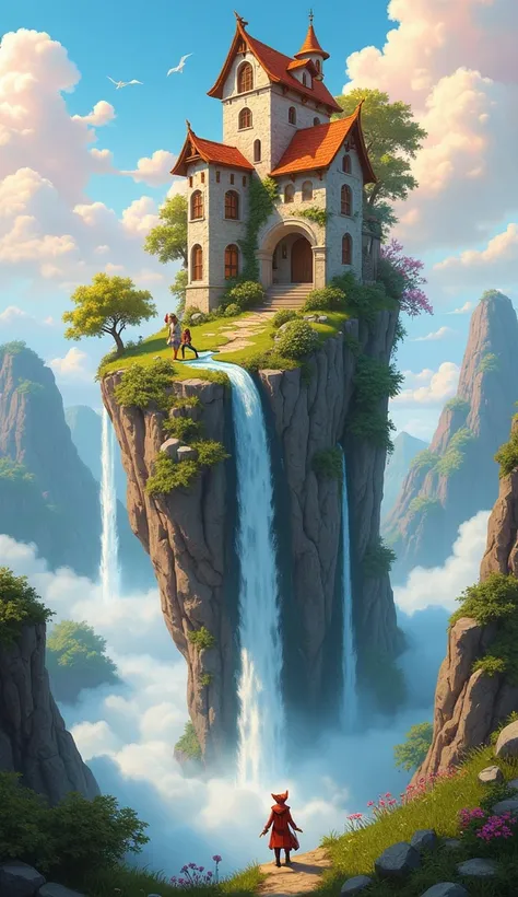 waterfallと崖の上の家を描いた絵, fantasy matte painting，cute, 空飛ぶcloudの城, Realistic fantasy painting, 気まぐれなファンタジーWind景画, fantasy house, Fantasy art realistic painting, Beautiful fantasy paintings, Inspired by Brian DeSpain, ファンタジーWind景画, Ross Tran and Michael Whelan,...