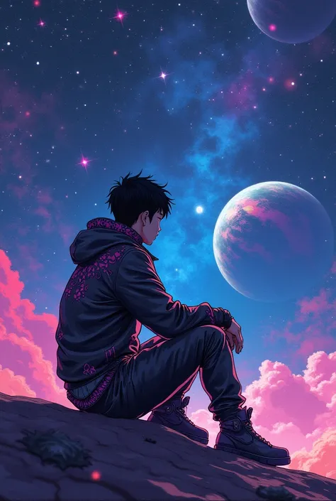 anime guy sitting on the ground looking at the planet, space cowboy, cyber space cowboy, inspired by Josan Gonzalez, makoto shinkai ( apex legends ), akira artstyle, ross tran style, akira vibes, akira art style, floating beside planets, josan gonzales, sc...