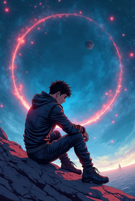 anime guy sitting on the ground looking at the planet, space cowboy, cyber space cowboy, inspired by Josan Gonzalez, makoto shinkai ( apex legends ), akira artstyle, ross tran style, akira vibes, akira art style, floating beside planets, josan gonzales, sc...