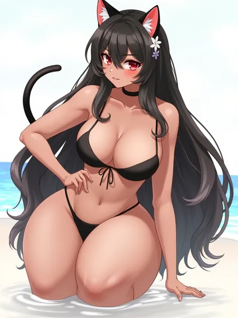 1 person, solo, breasts, looking at viewer, short hair, large breasts, red eyes, navel, animal ears, tail, swimsuit, black swimsuit, white hair, thighs, cat ears, dark brown skin, dark brown skinned woman, cat tail, zoom layer, sexy swimsuit, sensitive swi...