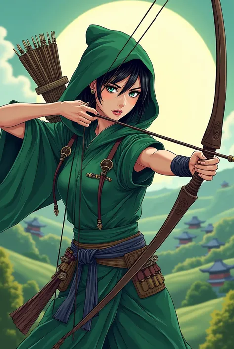 Sengoku period, woman, Japanese, Green Arrow, anime, archery, hood