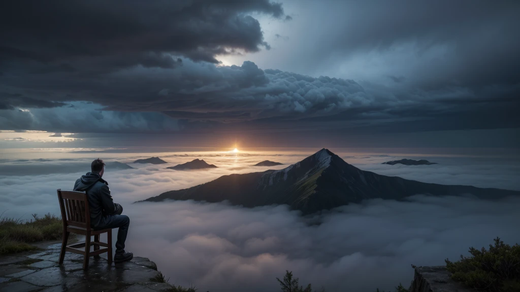 Image Description:

Create a realistic landscape in which rain falls heavily, with visible drops and a fog effect in the distance. The sky is dramatic, full of clouds full of dark, gray and bluish tones, with some rays cutting across the horizon in a power...