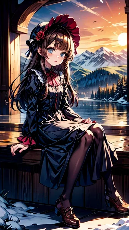 masterpiece, Highest quality, winter, Snowfield, One person, bangs, blue eyes, blunt bangs, bonnet, Brown footwear, Brown Hair, black gothic dress, Frills, fruits, whole body, Have, Long Hair, Long sleeve, View your viewers, pantyhose, purple dress, Red fl...