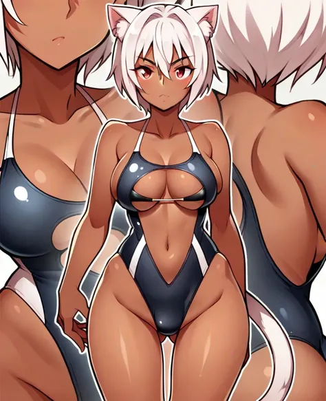 1 person, solo, breasts, looking at viewer, short hair, large breasts, red eyes, navel, animal ears, tail, swimsuit, black swimsuit, white hair, thighs, cat ears, dark brown skin, dark brown skinned woman, cat tail, zoom layer, sexy swimsuit, sensitive swi...