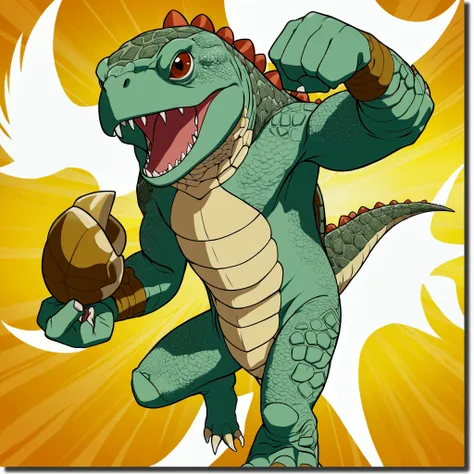 holding a fist in its palm., Lizardman, Lizardman art, Humanoid turtle monster, Lizard humans, scaly!!!, scaly, Attack pose, Goron Brute, with scaly-looking armor, gigachad, gelbooru anime image, trex, Aggressive pose, Gugimon, reptiles