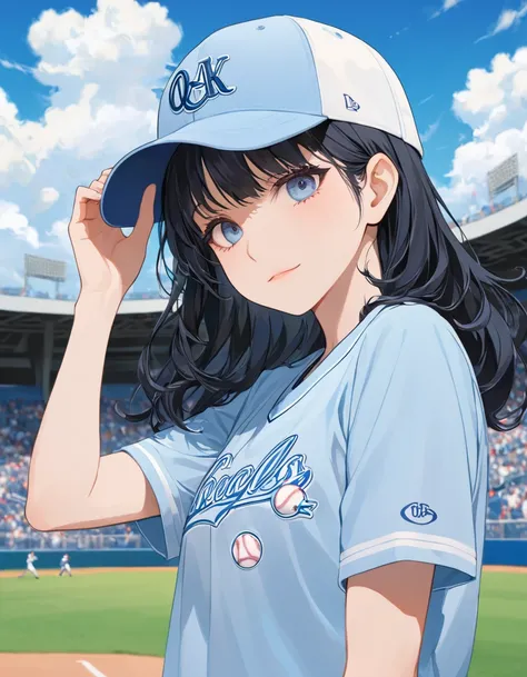 Midsummer Stadium Baseball Black Hair Girl。, (peaceful face),sHe is wearing a light blue baseball shirt with a summery blue and white look.、Baseball Cap、Vision、Visionのスタジアム、