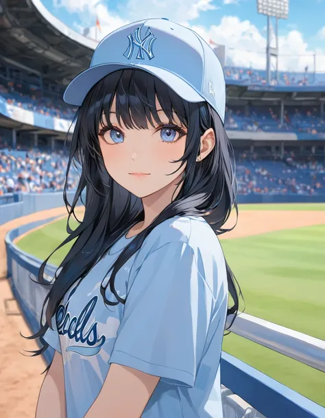 Midsummer Stadium Baseball Black Hair Girl。, (peaceful face),sHe is wearing a light blue baseball shirt with a summery blue and white look.、Baseball Cap、Vision、Visionのスタジアム、