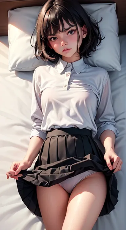 One Woman, alone, alone Focus, Cowboy Shot, Portraiture,, Beaver,((Black Hair)), Short Bob,  Very beautiful eyes, work, White knit, (Small TI quality, Very detailed,Bedroom、Lying in bed、1 female,Brown Hair, ,((Furious look)),(((Skirt Lift)))、stylish,,(I&#3...