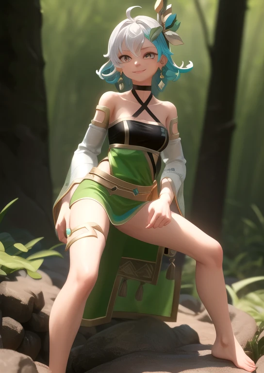 (((masterpiece))),(((Highest quality))),((Very detailed)), ((figure)),((,in the forest )),One person, alone, , Asymmetrical clothing, Removable sleeves, jewelry, , short hair, Earrings, View your viewers, dress, , Multicolored Hair, chest, Brown eyes, Gree...