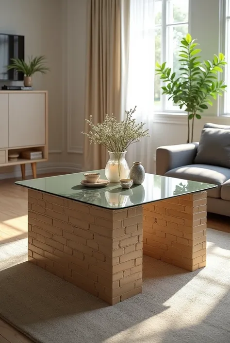 Elegant square table measuring 100 x 100 cm, expertly handcrafted to fit a variety of interior spaces.. The table features a clear glass top that reflects simplicity and sophistication, with sides made of MDF wood and covered with textured brick-like wallp...