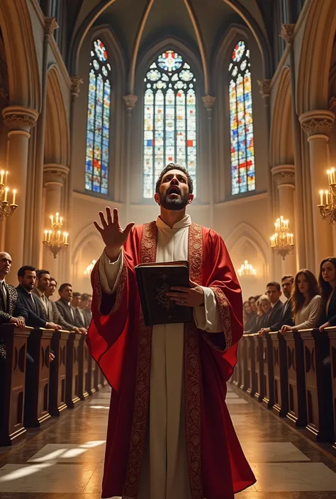 A preacher of the gospel with a Bible in hand speaking boldly to people inside a large Gothic cathedral. Painting style image.