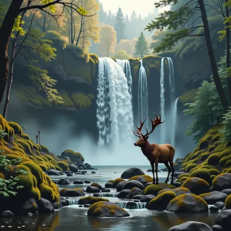 Waterfall and Deer