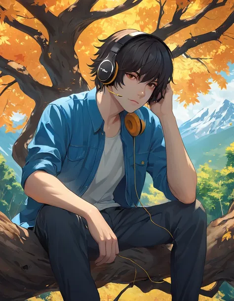 a man sitting in a tree listening to headphones, realistic anime artstyle, realistic anime art style, realistic anime style at p...