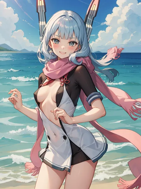 Portrait, official art, best masterpiece, best quality, best resolution, 8K, best detailed, perfect anatomy
BREAK
(Contrapposto), Open Stance, standing, (grab your breasts:1.3)
BREAK
(smile), blush, happy
BREAK
murakumo (kancolle), long hair, scarf, headge...