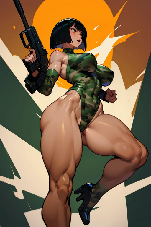  thick hips,  thick thighs, platform high heels, high cut leotard, huge breast, thin waist, bob cut hair, weapon, tanned skin, gun, angry look, military camouflage, scream, thick body, fitness,