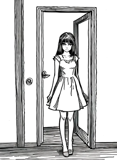 a drawing of a teenage girl in a dress standing in front of a door.、masterpiece,highest quality,one person,line art,