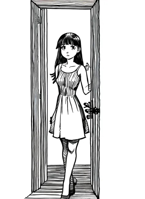 a drawing of a teenage girl in a dress standing in front of a door.、masterpiece,highest quality,one person,line art,