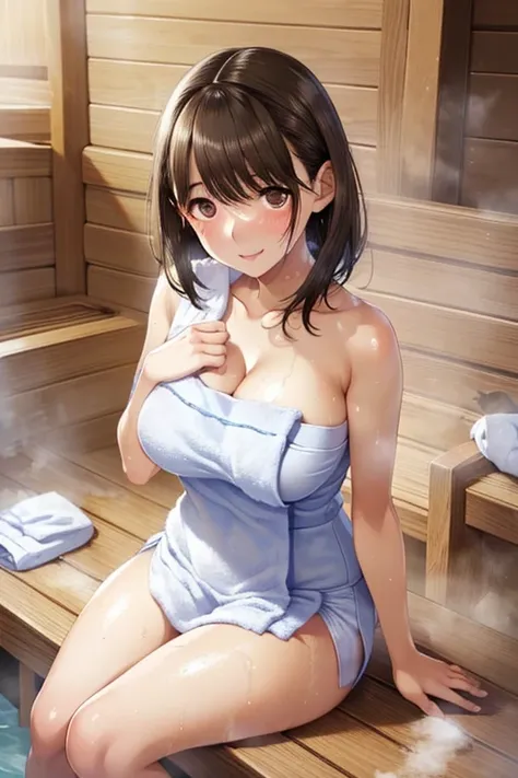 anegasaki nene、Shiny brown hair, short hair, (Beautiful brown eyes、Sparkling eyes, Fine grain)、smile、Ultra-detailed eyes、Highly detailed face, Highly detailed eyes,


Highest quality、
(Only one woman):1.5, (sauna:1.3), (whole body:1.3),, (A very carefully ...