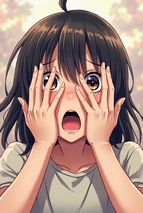 manga style digital artwork, close-up of two hands covering both mouth, eyes opened wide in surprise