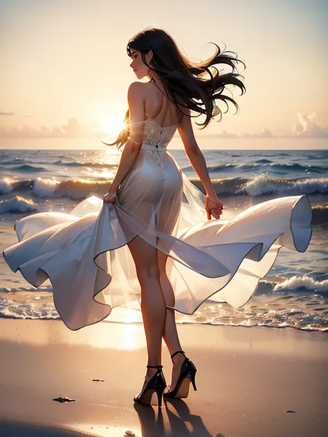 evening sunset:1.3), (2 womens, Back view of two women on the beach), (((Holding hands and looking beyond the horizon))), (Lens Ghosting:1.5, lens flare:1.2, Octagon-shaped lens ghost), Fiery Horizon, (Silky platinum blonde Hair:1.2), (The other one woman ...