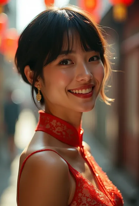 Masami Nagasawa smiles in a cheongsam.,(Model shooting style), Lonely, Shiny Hair、 Extremely rich facial detail, Beautiful Eyes, bright, Lonely Eyes, Stunning beauty, (Rembrandt Lighting), ARRI Lenses, Surreal, (Skin with attention to detail:1.2),8k,ARRI A...