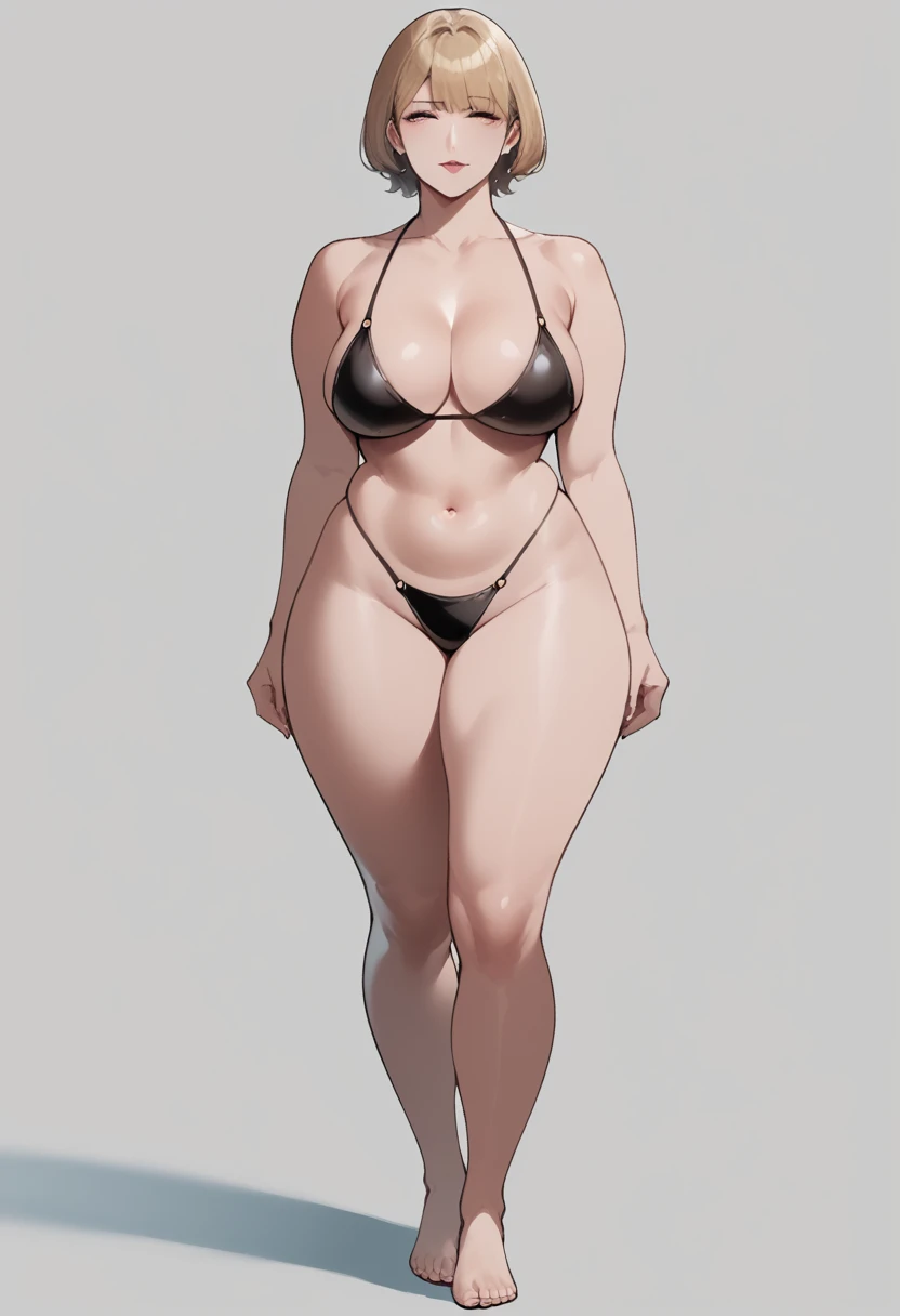 Score_9, score_8_up, score_7_up, score_6_up, source_anime, Nyantcha style, 1girl, solo, Short blonde hair, hair bangs, pale skin, short bob hairstyle, adult woman, mature woman, 50 years old, milf, large breasts, wide hips, thick thighs, black bikini, bare...