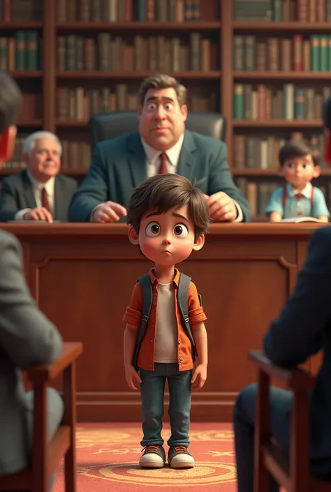 Hyper realistic, colorful Pixar style image of scene of 3D cartoon style of the nervous boy entering a principal’s office. The background features a formal office with a large desk, a computer, and shelves filled with books and files. The principal is seat...