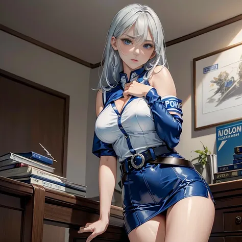 Ultra-high resolution, Ultra-high resolution, Ultra-high resolution, Ultra-high resolution, Awards, Attention to detail, Simple Background, masterpiece, Great illustrations, imperfect、Busty Female Police,Silver Hair、Police uniform, Shoulder pads, Cowboy Sh...