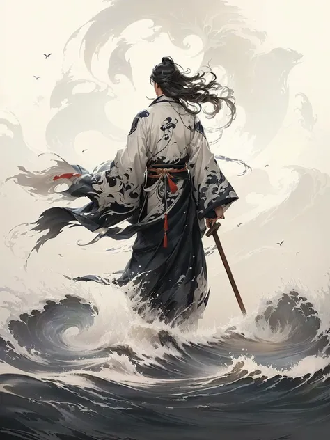 a picture taken from a book of a man in a kimono robe standing on a wave, inspired by Sōami, by Yang J, onmyoji, onmyoji detailed art, inspired by Kanō Hōgai, inspired by Kanō Sanraku, samurai man vagabond, flowing hair and long robes