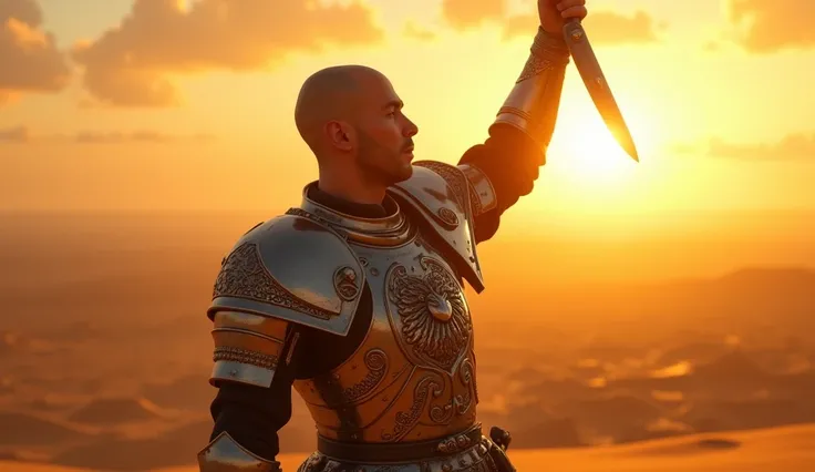 A highly realistic, high-contrast, 8k hd, detailed, hyper-detailed image set in a desert during sunset. The scene features "Tadokoro," a knight with a shaved head, clad in steel armor with a prominent lion emblem on his chest, raising a knife with a fierce...