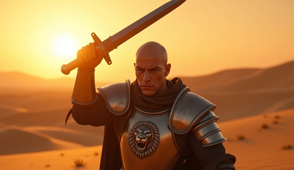 A highly realistic, high-contrast, 8k hd, detailed, hyper-detailed image set in a desert during sunset. The scene features "Tadokoro," a knight with a shaved head, clad in steel armor with a prominent lion emblem on his chest, raising a knife with a fierce...