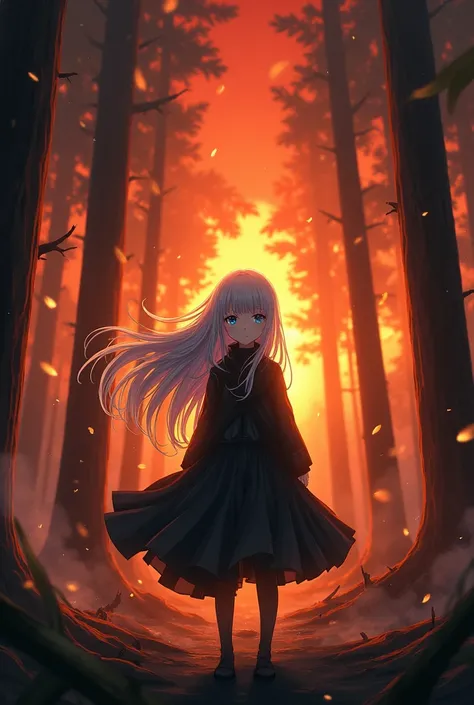 anime, human girl, White hair, bright blue eyes, black clothes, burning forest background, to become night