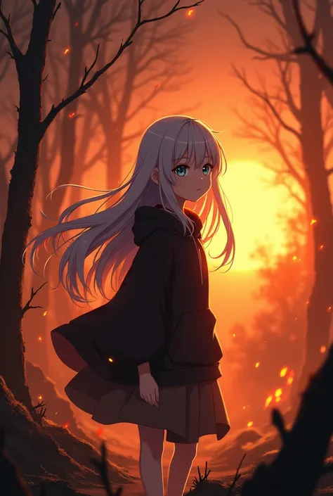 anime, human girl, White hair, bright blue eyes, black clothes, burning forest background, to become night