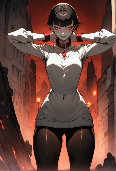 standing,alone,short hair,work of art,face detailed,young fitness linda,Wearing black pantyhose,tight white sweater with collar ,neckleace,evil smile,red eyes glowing,labiaa,eye shadow,bangs on the eyes,Hands behind the head ,background city
