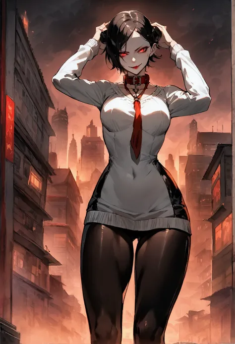 standing,alone,short hair,work of art,face detailed,young fitness linda,Wearing black pantyhose,tight white sweater with collar ,neckleace,evil smile,red eyes glowing,labiaa,eye shadow,bangs on the eyes,Hands behind the head ,background city
