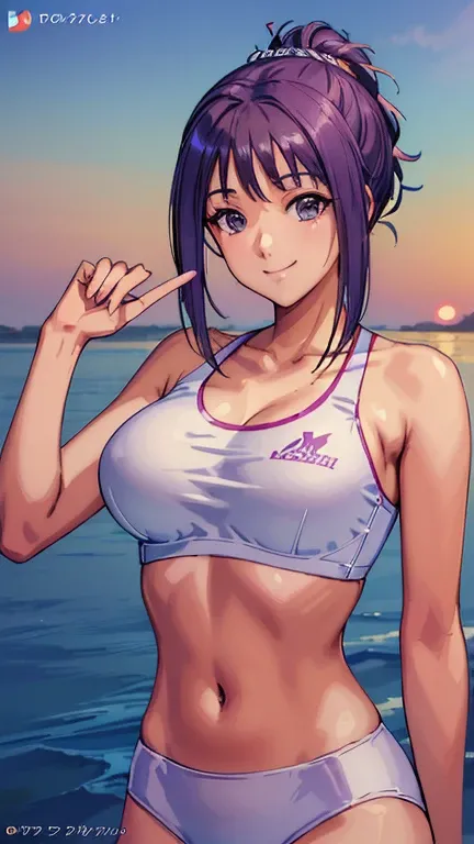 ((masterpiece, Highest quality, Highest quality, Official Art, beautifully、beautiful:1.2)),((masterpiece)),((Vibrant colors)),((Ayako Katagiri)),((幸せそうなsmile)),((smile)),((looks fun)),(((Plain sports bra))),(Seaside),(Big Breasts),(((Side bust))),(sunset),...