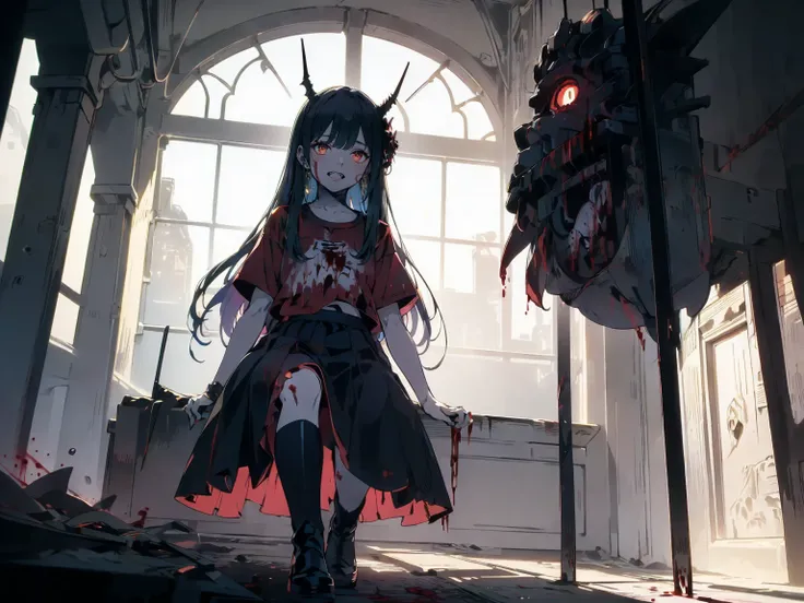 beautiful girl、とてもcute天使、Pink T-shirt、cute、Baby Face、smile、Long skirt、Black long boots、.(Highest quality,4K,High resolution,masterpiece:1.2),Very detailed,Realistic:1.37,Spooky altar background,Dark fantasy,Red color scheme,Ominous atmosphere,Eye-catching,...