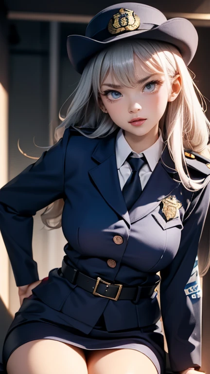 Ultra-high resolution, Ultra-high resolution, Ultra-high resolution, Ultra-high resolution, Awards, Attention to detail, Simple Background, masterpiece, Great illustrations, imperfect、Busty Female Police,Silver Hair、Police uniform, Shoulder pads, Cowboy Sh...