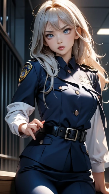 Ultra-high resolution, Ultra-high resolution, Ultra-high resolution, Ultra-high resolution, Awards, Attention to detail, Simple Background, masterpiece, Great illustrations, imperfect、Busty Female Police,Silver Hair、Police uniform, Shoulder pads, Cowboy Sh...